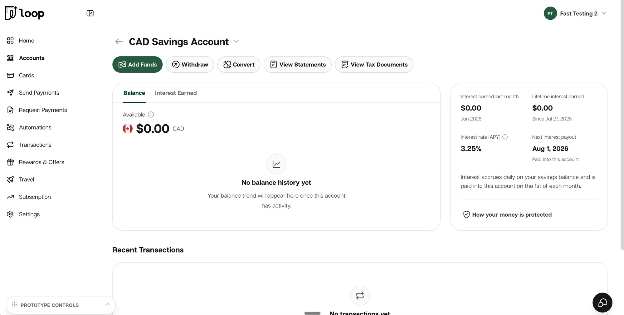CAD savings account prototype with empty states