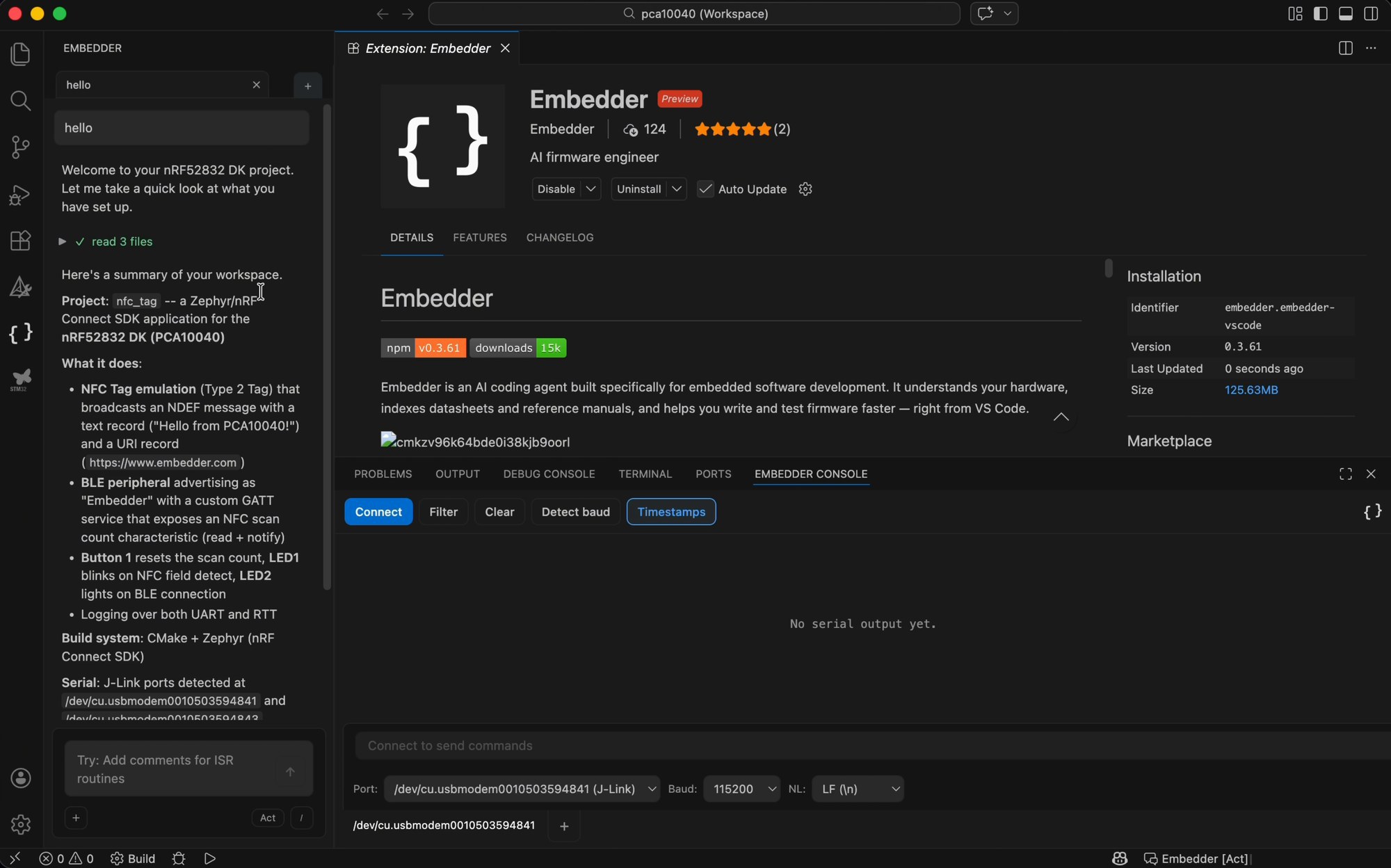 Embedder in VS Code right after setup, with an empty console and chat