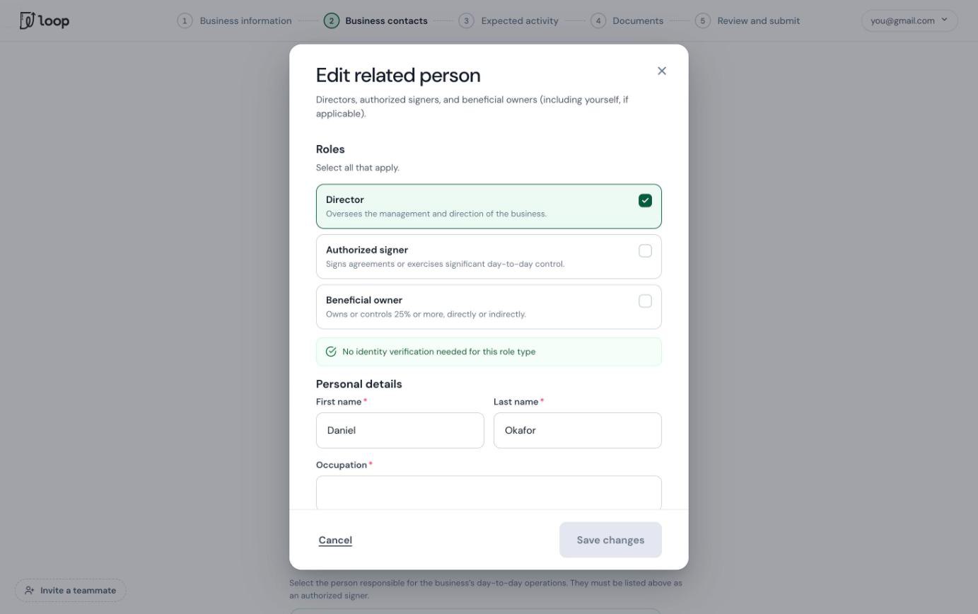 Edit related person modal with role descriptions