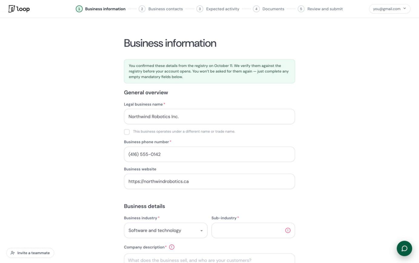 Business information step prefilled from the registry