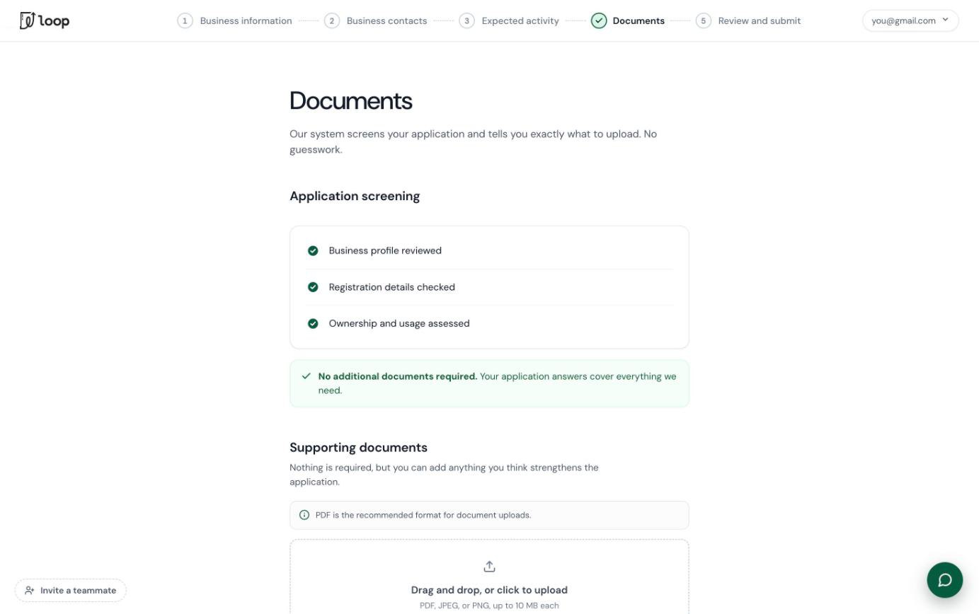 Documents step showing that no extra documents are needed