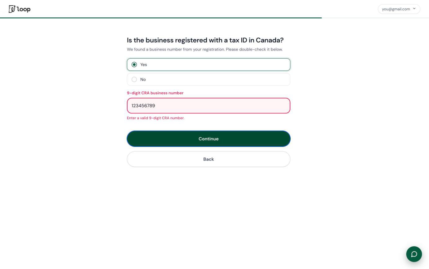 Inline error for an invalid CRA business number