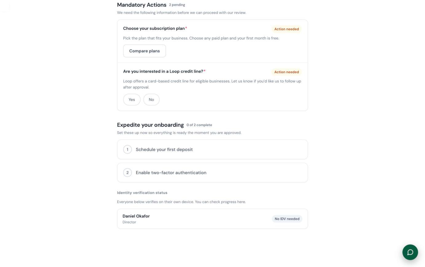 Optional tasks to speed up onboarding and identity verification status