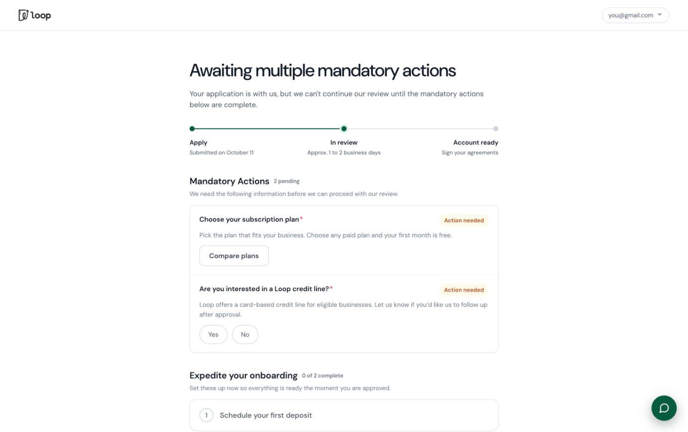 Waiting room with application status and required actions
