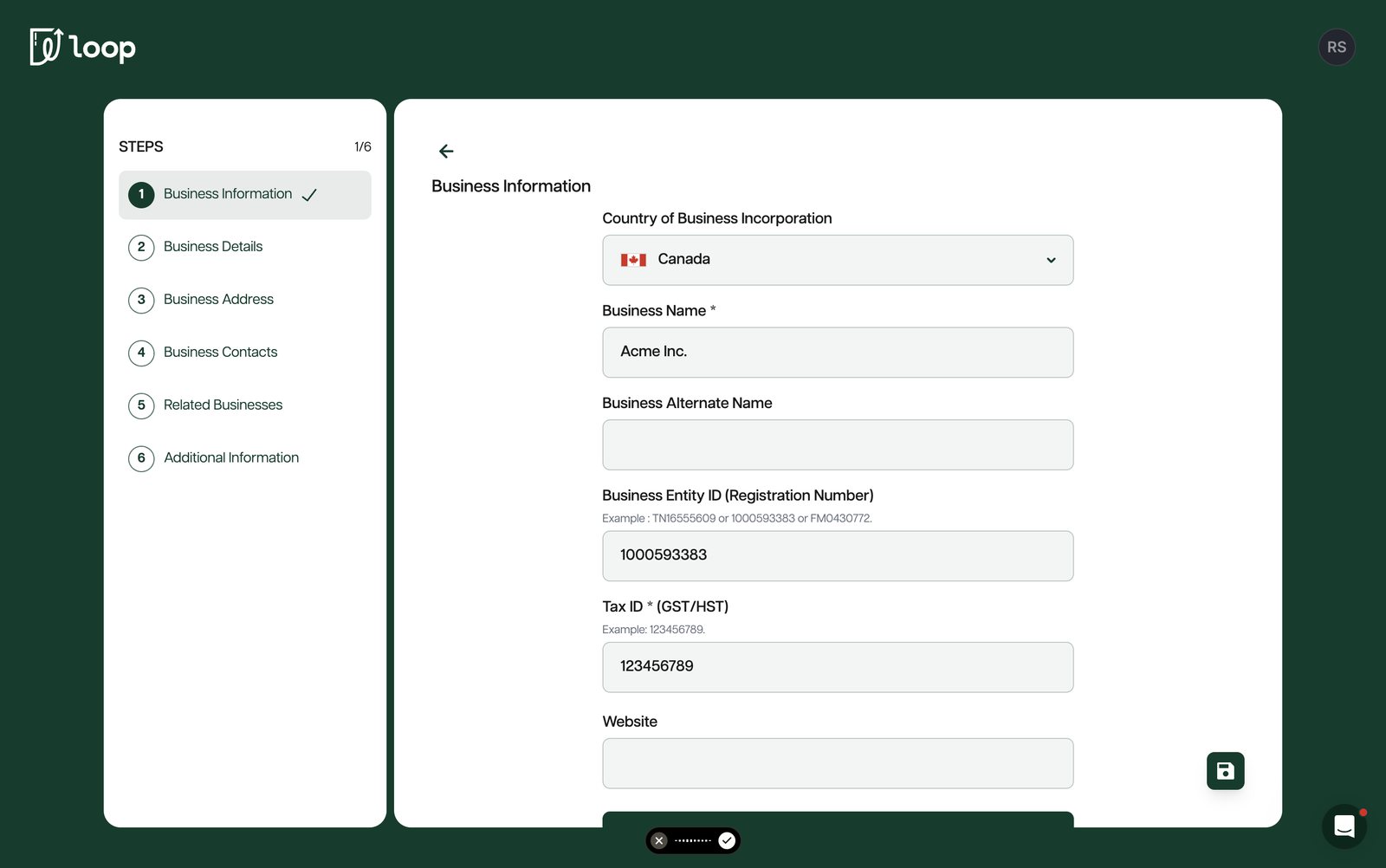 Business information step with a made-up entity ID and tax ID filled in